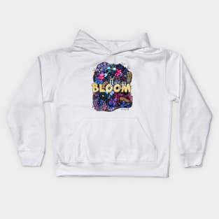 Blue watercolor and line art floral design with saying Always Bloom Kids Hoodie